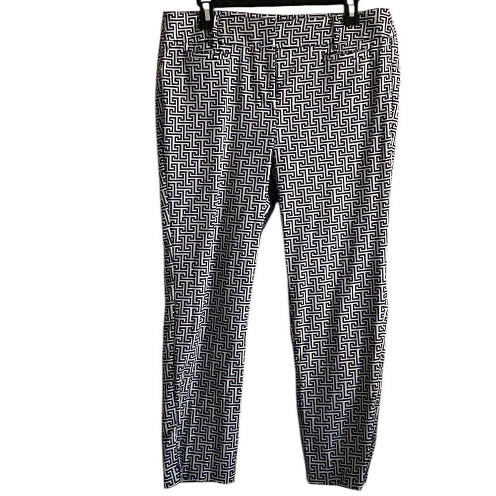 Loft Marisa Blue And White Greek Key Cotton Pants Fall Summer Modest Office